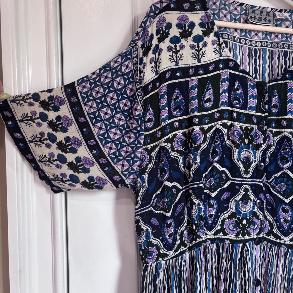 MPH Women 2X Blue Purple Boho Rayon Button Front Maxi Dress Mixed Print Tie Back - Picture 3 of 10